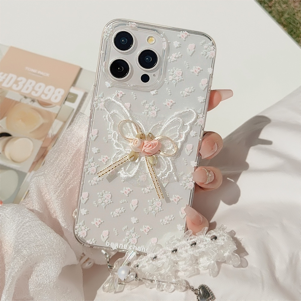 Aesthetic Embroidered Butterfly Flower Phone Case With A Transparent Lace Pendant - Image 3