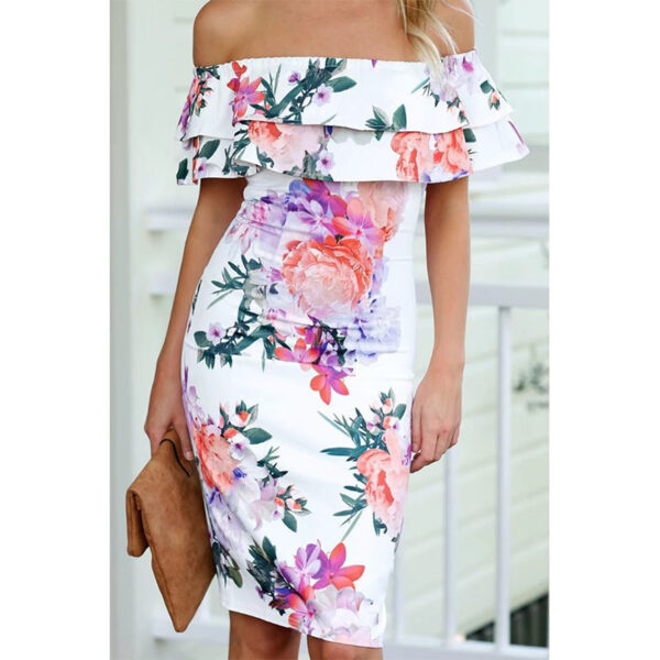 Off-Shoulder Ruffled Hem Printed Slim-Fit Pencil Dress - Image 7