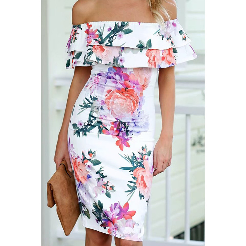 Off-Shoulder Ruffled Hem Printed Slim-Fit Pencil Dress - Image 10