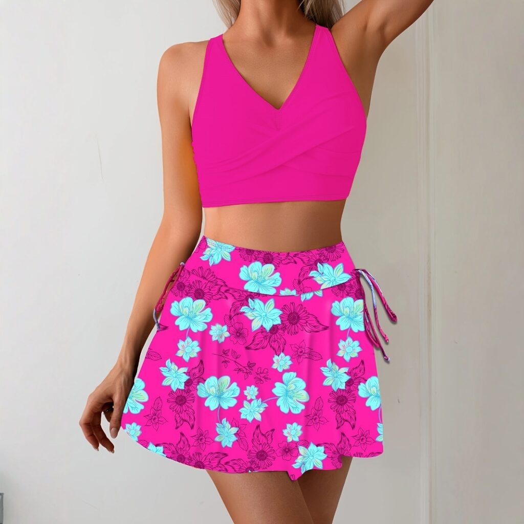 Womens Midriff-Covering Holiday Beach Printed Short-Skirt Swimsuit Set