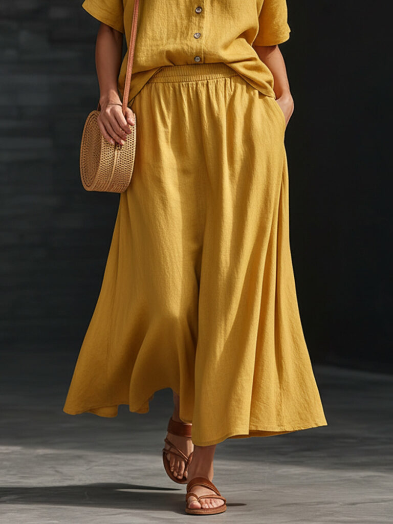 Cotton-linen V-neck Button-up Short-sleeve Top And Skirt Set
