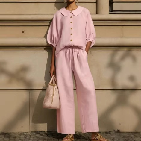 Fashionable Collar Shirt And Wide-Leg Pants Linen Two-Piece Set - Image 6