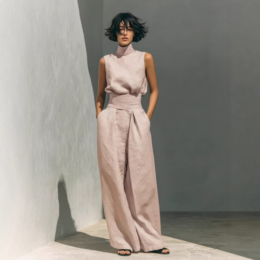 Womens Simple Cotton-Linen Blend Sleeveless Top And Wide-Leg Pants