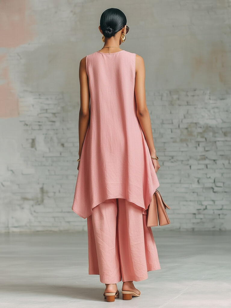 Elastic-waist Sleeveless Top With An Asymmetrical Hem And A Pleated Maxi Skirt