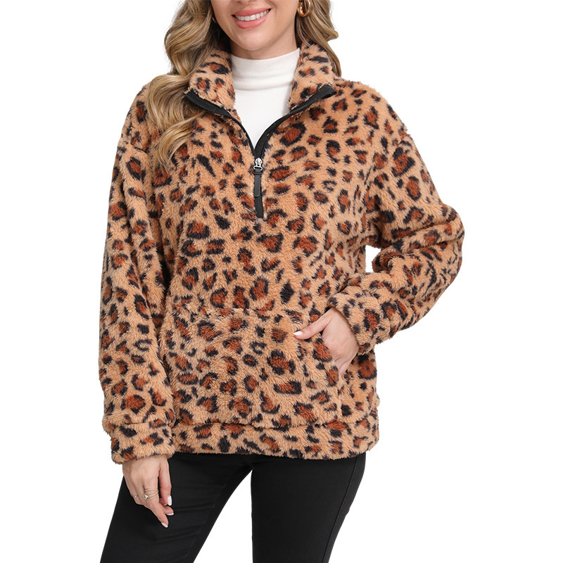 Fashionable Lambswool Fleece Leopard-Print Jacket Fleece Sweater Hoodie - Image 4
