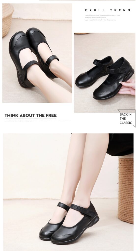 Genuine Leather Single-Strap Velcro Closure Plus-Size Round-Toe Flat Shoes