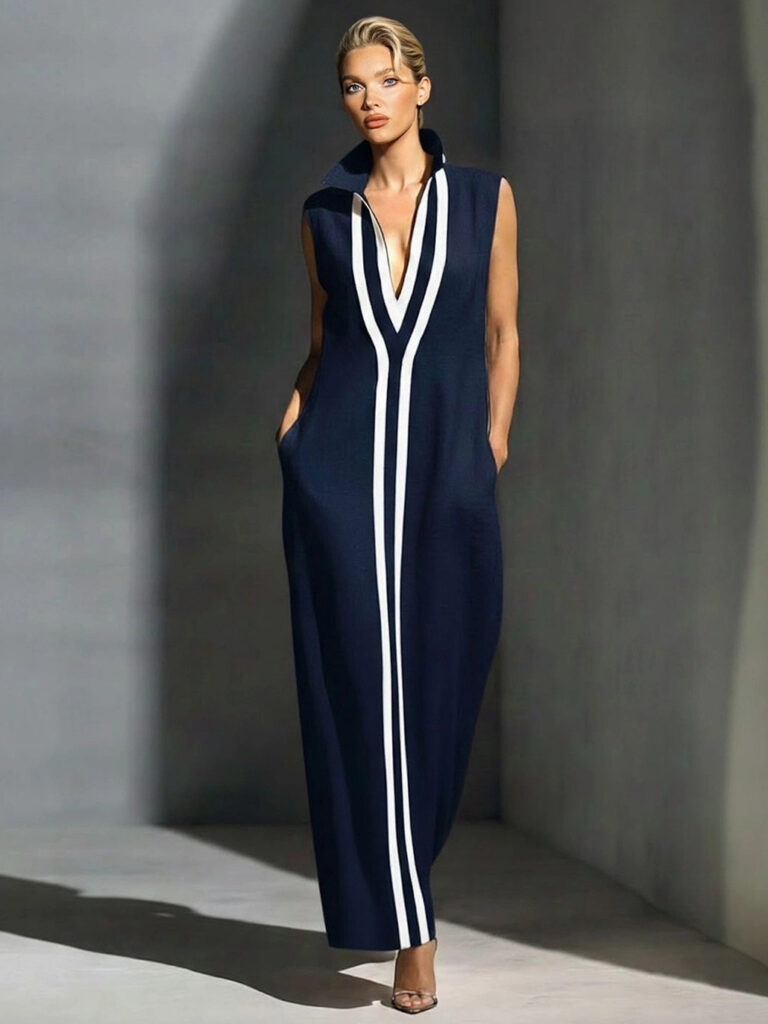 V-neck Sleeveless Contrast-striped Maxi Dress