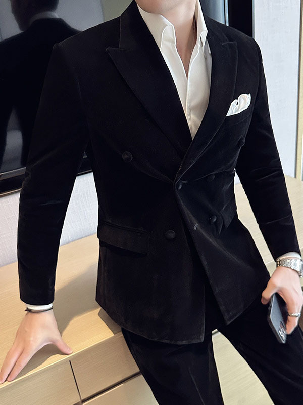 Men's Peak Lapel Double-breasted Velvet Two-piece Suit - Image 6