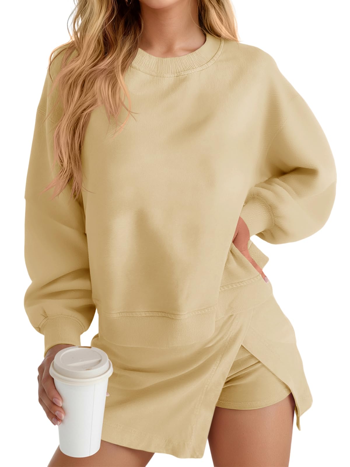 Fisoew 2 Piece Sets For Women Cotton Workout Sets Sweatshirt Top High Waisted Lined Split Athletic Skirt Set - Image 27