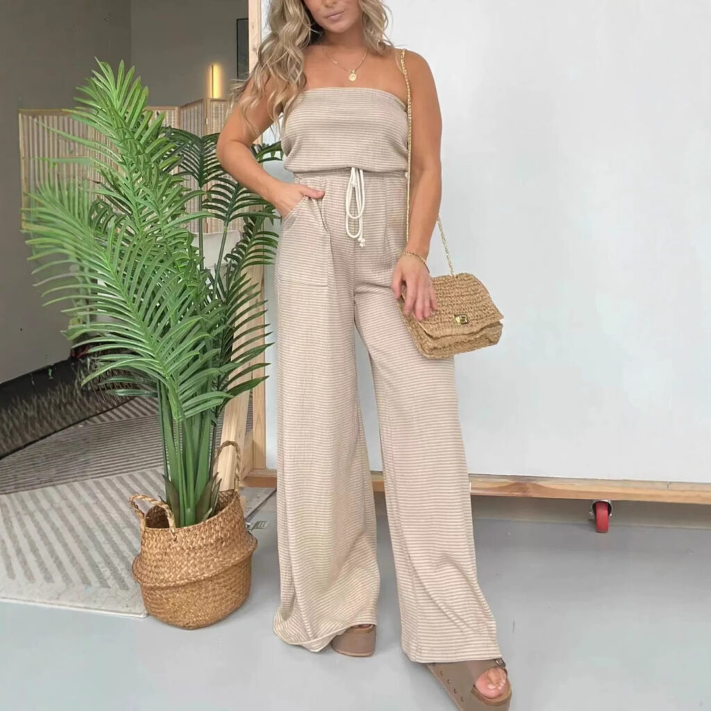 Womens Striped Tube Top Wide-Leg Jumpsuit