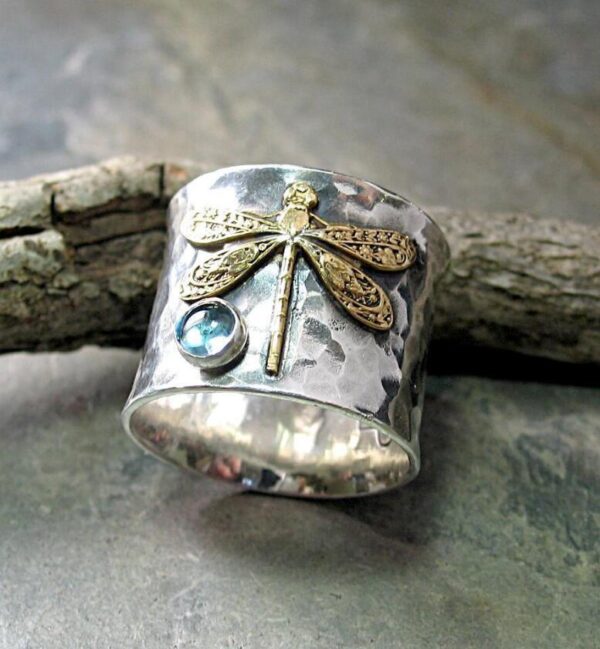 Fashionable Retro Aquamarine Dragonfly Ring - Image 4