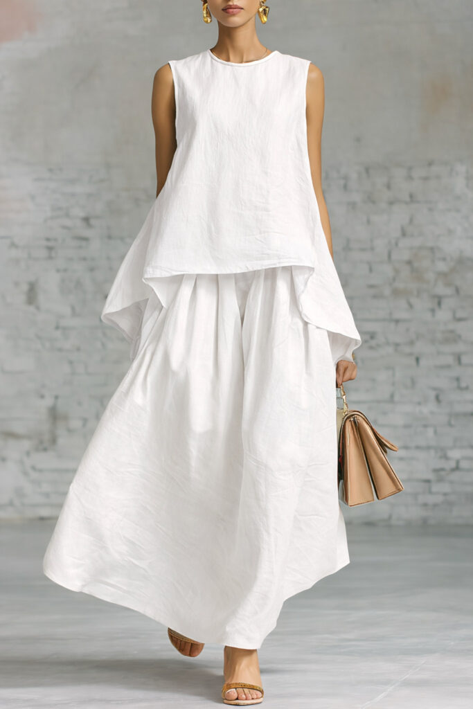 Elastic-waist Sleeveless Top With An Asymmetrical Hem And A Pleated Maxi Skirt