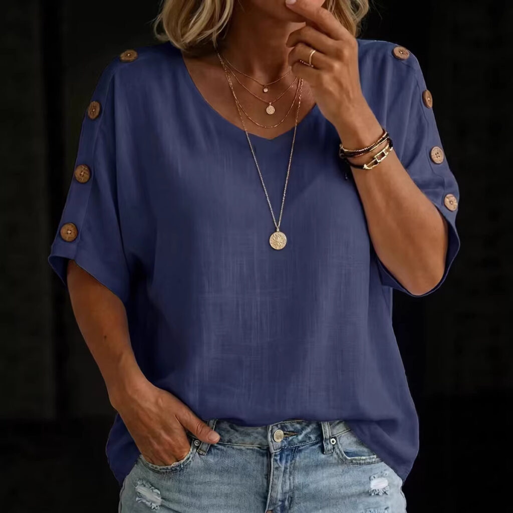 Casual Fashion Buttoned Crew-Neck Pullover Womens T-Shirt