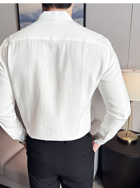 Men's Solid Color Stand Collar Long-sleeved Shirt - Image 3