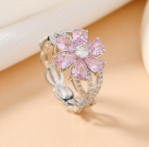 Copper-inlaid Cherry-blossom-pink Water-drop Zircon Flower Ring - Image 8
