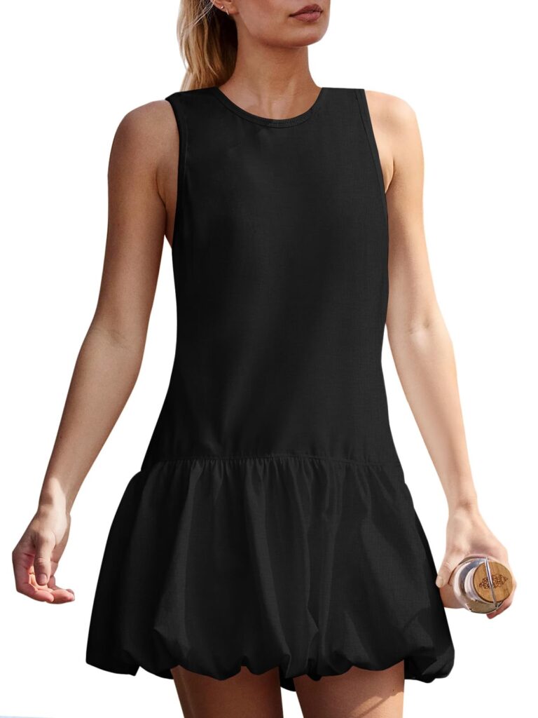 Fisoew Womens Athletic Dresses With Shorts & Pockets Backless Tennis Golf Mini Dress Bubble Hem Workout Active Outfits