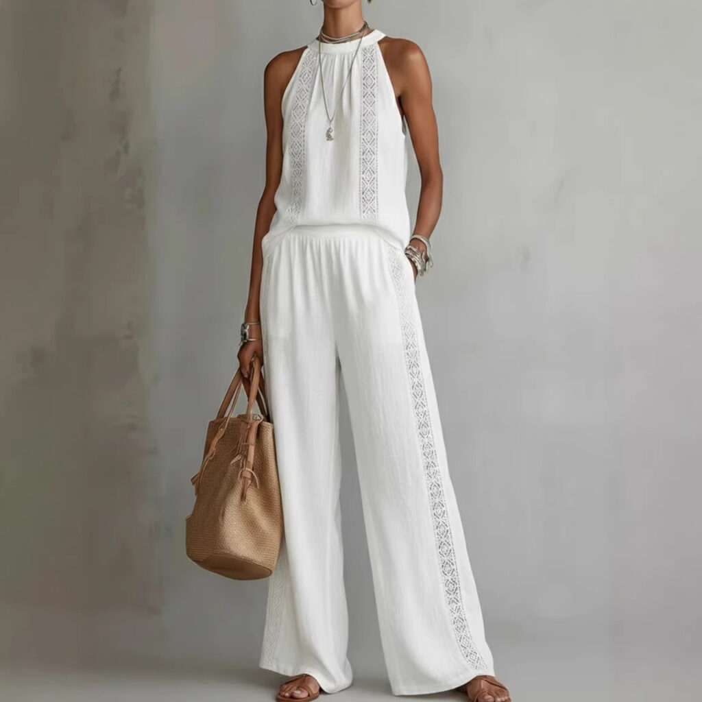 Womens Retro Lace Sleeveless Top And Wide-Leg Pants Two-Piece Set
