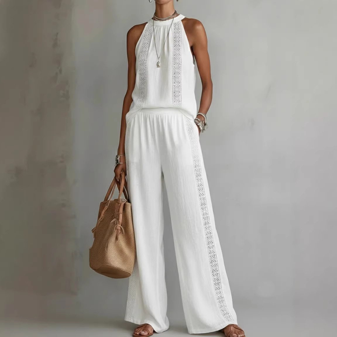 Womens Retro Lace Sleeveless Top And Wide-Leg Pants Two-Piece Set - Image 1