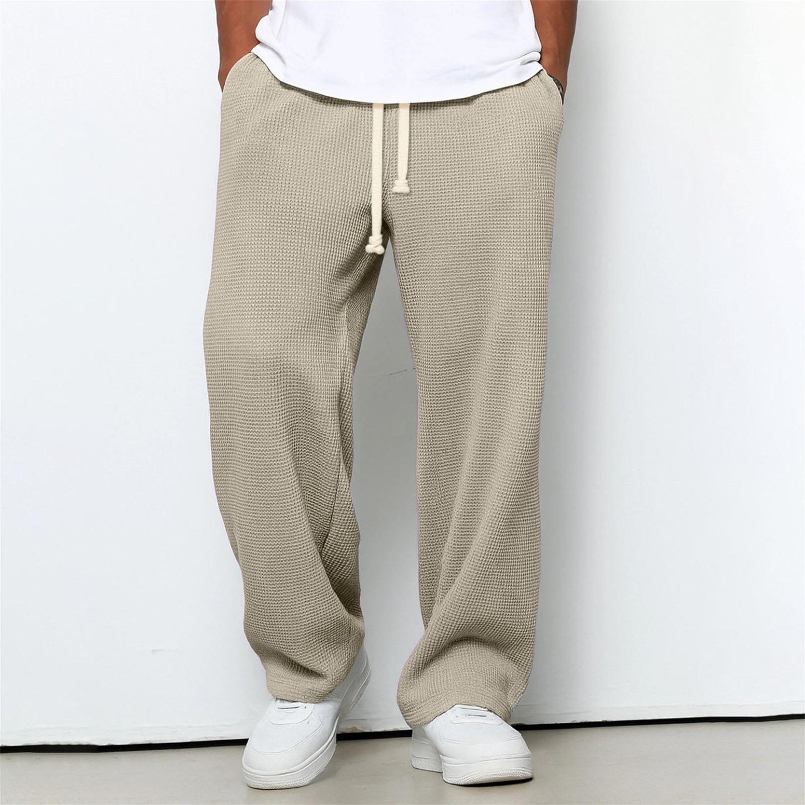 Mens Relaxed-fit Waffle-knit Wide-leg Athleisure Pants - Image 49