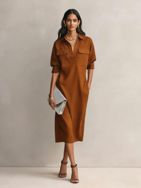 Womens French-style Elegant Commuter Shirt Dress With A Defined Waist, Slimming Fit - Image 8