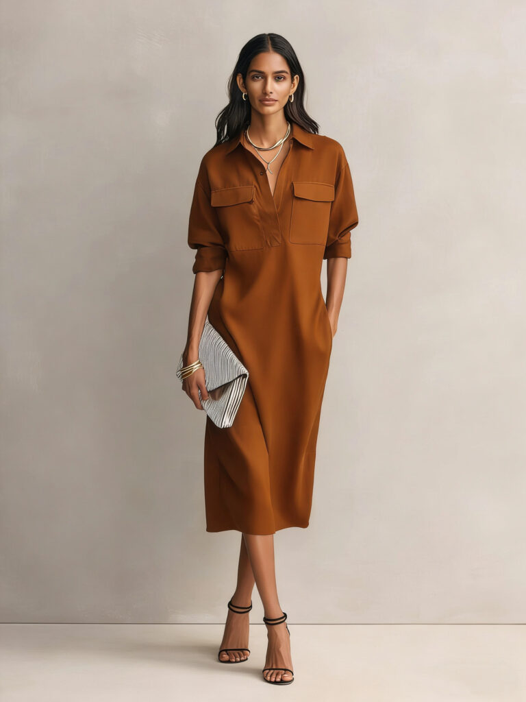 Womens French-style Elegant Commuter Shirt Dress With A Defined Waist, Slimming Fit