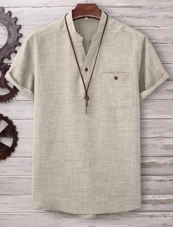 Mens Casual Short-sleeve Solid-color Shirt With A Turn-down Collar - Image 19