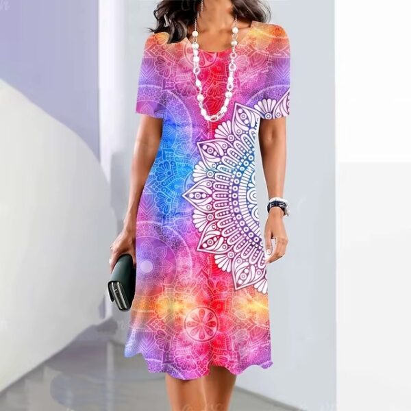 Womens Summer Classic 3D Digital Print Fashion Short-Sleeve Dress - Image 9