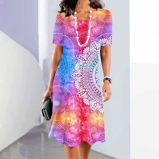Womens Summer Classic 3D Digital Print Fashion Short-Sleeve Dress - Image 9