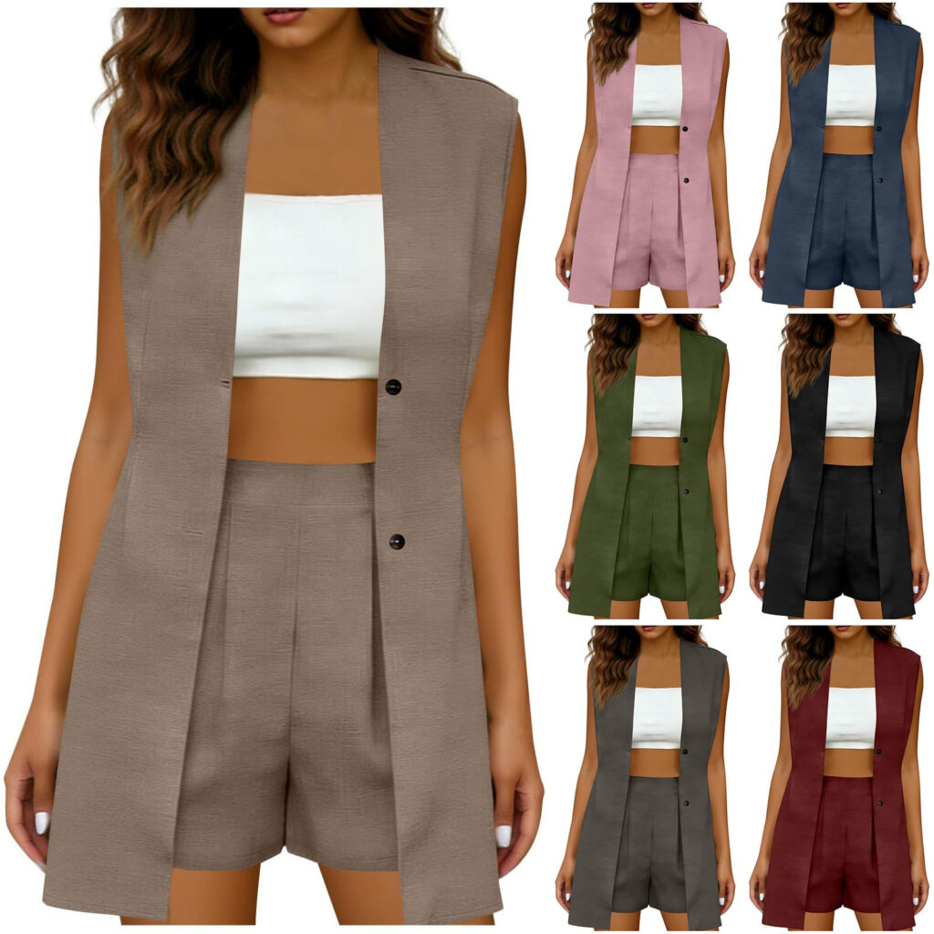Elegant Commuter V-Neck Sleeveless Top Vest Jacket And Shorts Set