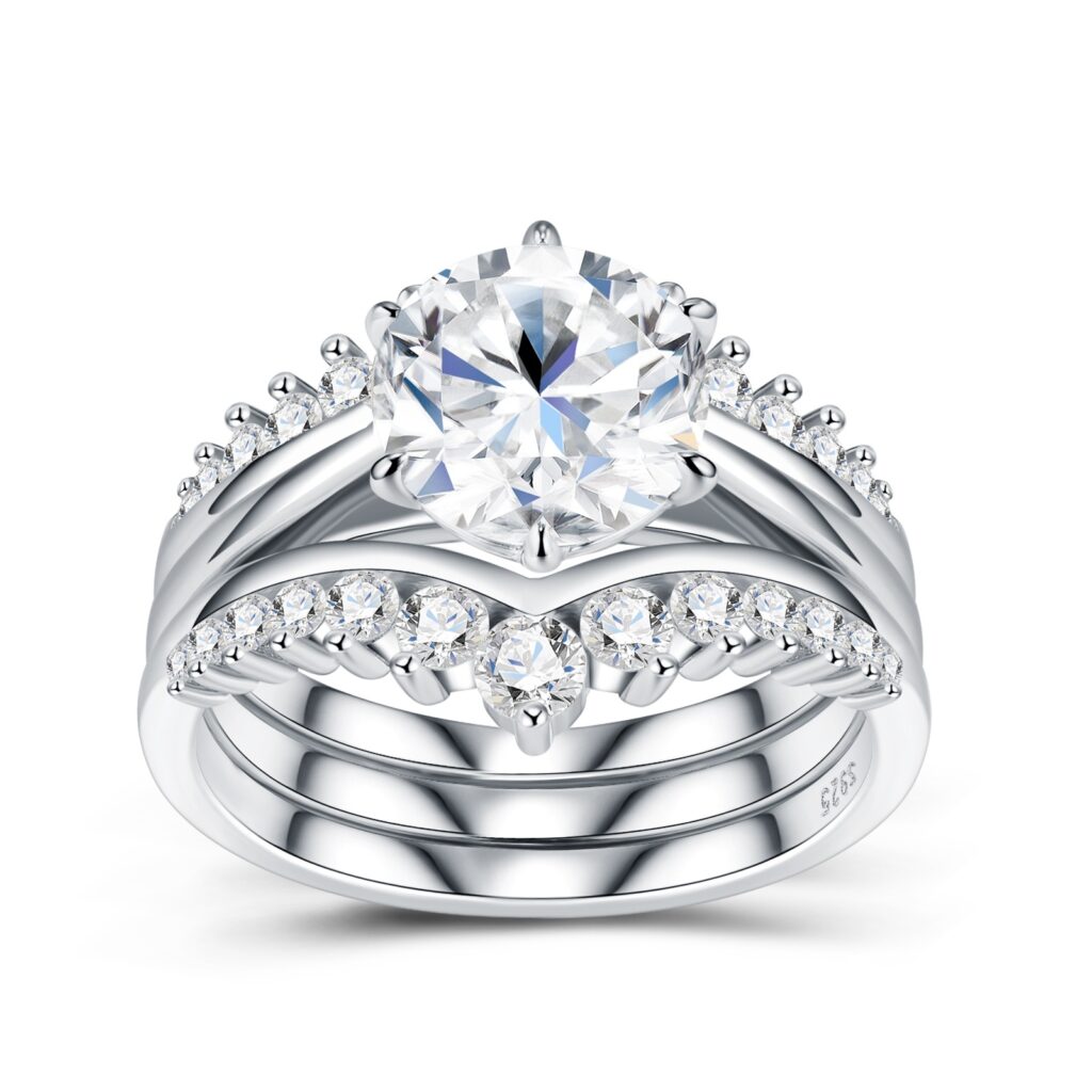 3-carat Luxury Fashion Minimalist Trend Jewelry Silver Ring Set With Top-quality Morganite. Made Of S925 Silver With Electroplated Platinum. For Ladies.