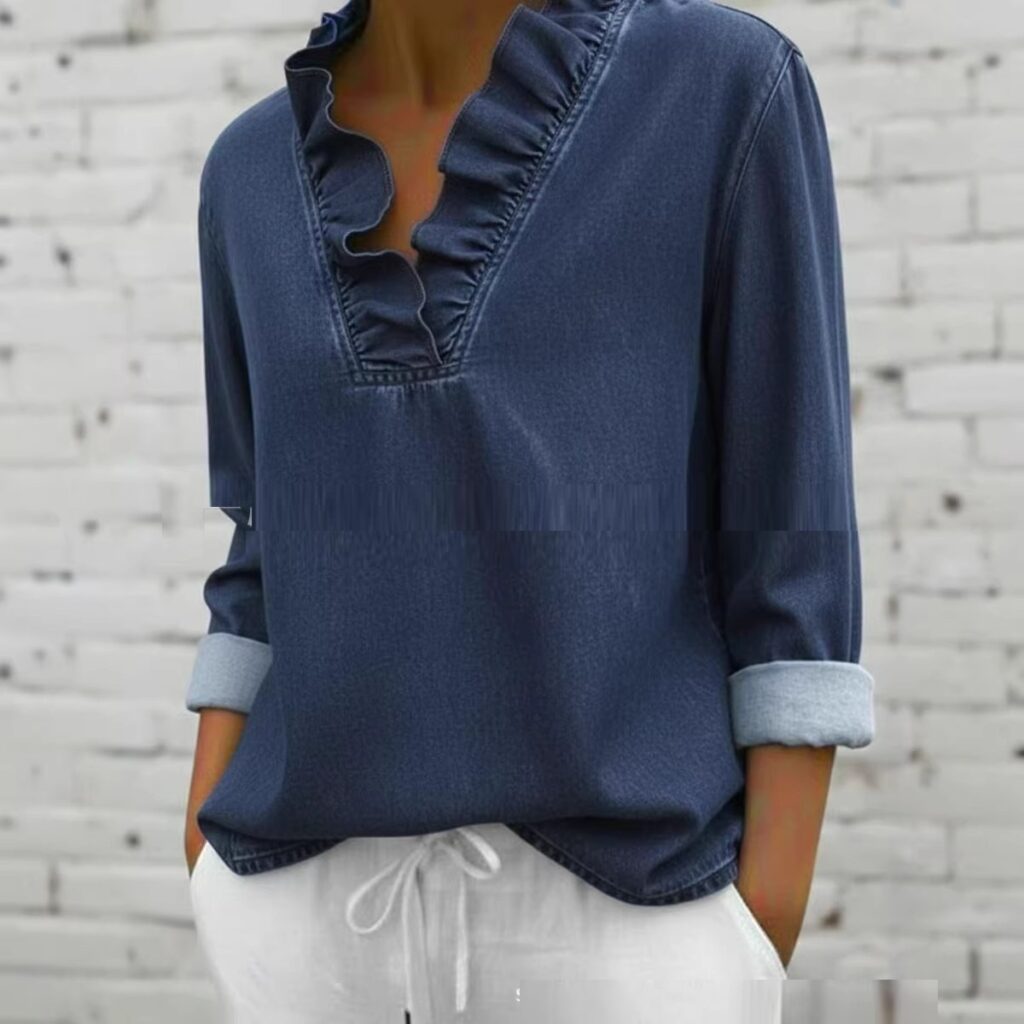 Summer New Womens Denim Ruffle-Neck Long-Sleeve Shirt
