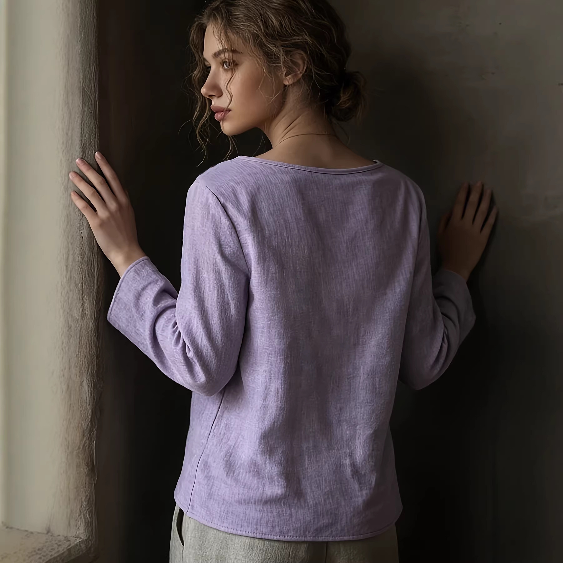 Lace-trimmed Patchwork Artistic Vintage Laid-back Style Loose Boat-neck Long-sleeve Top - Image 7