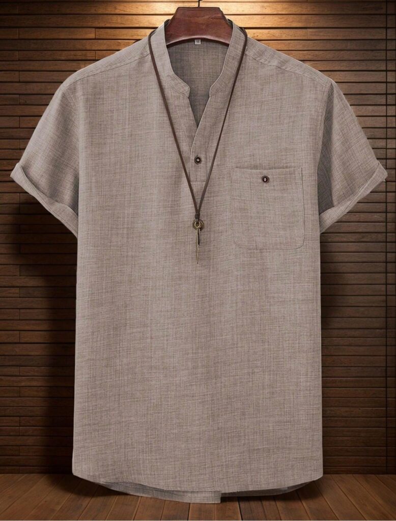 Mens Casual Short-sleeve Solid-color Shirt With A Turn-down Collar