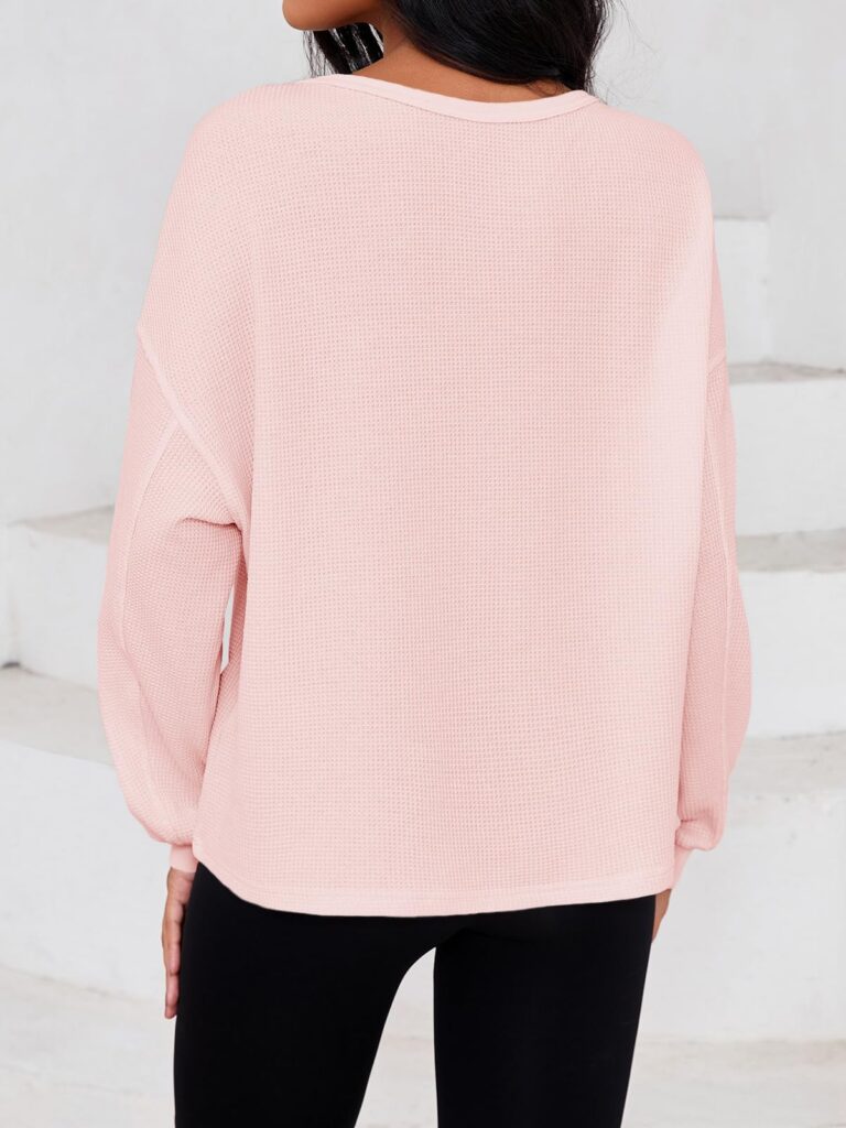 Fisoew Womens Cropped Sweatshirt Casual Waffle Knit Button V Neck Long Sleeve Loose Fit Fall Crop Tops