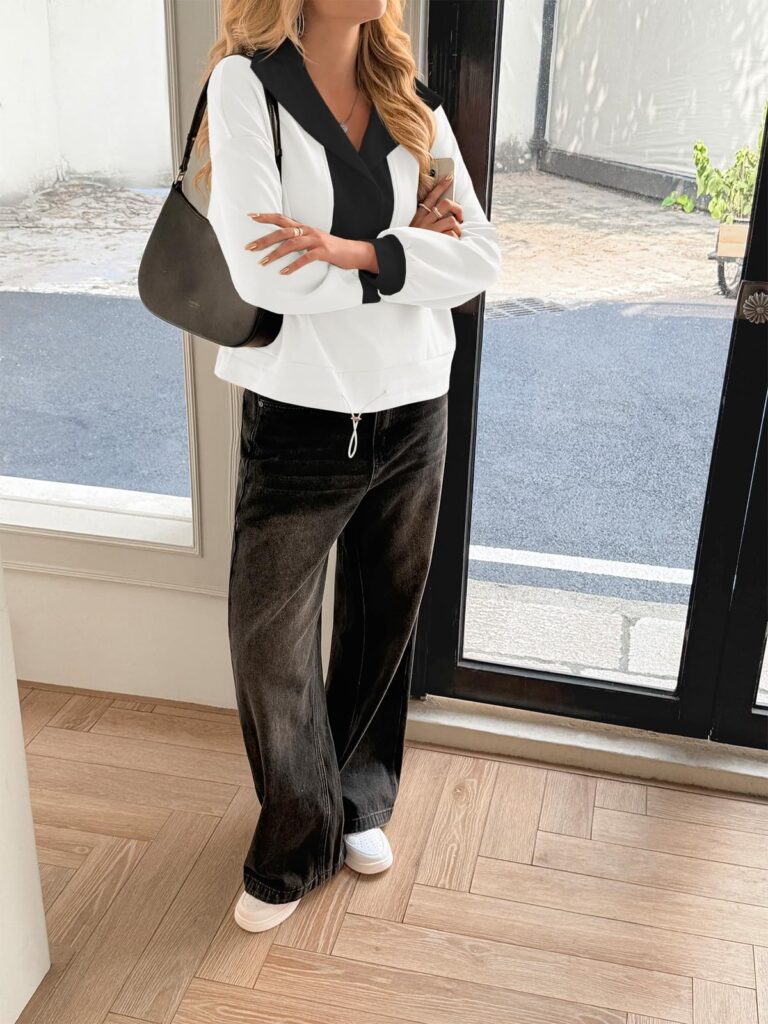 Fisoew Womens Cropped Oversized Sweatshirt Casual Lapel V Neck Long Sleeve Contrast Drawstring Loose Fit Fall Pullover Tops