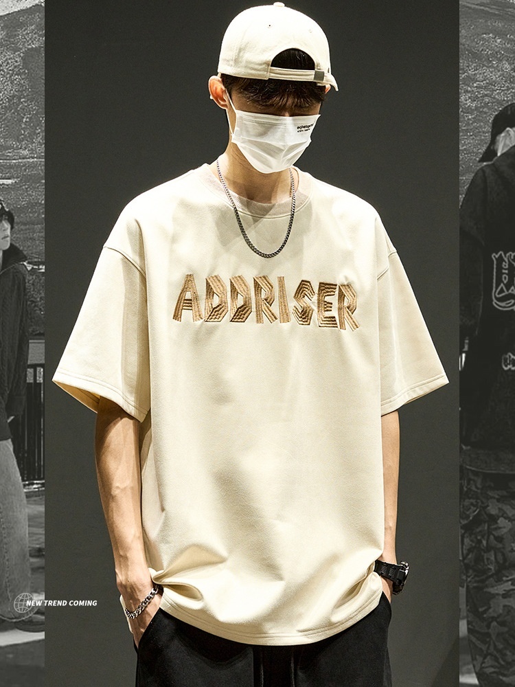 High-Street Embroidered Letter Crewneck Suede-Fleece Short Sleeve - Image 17