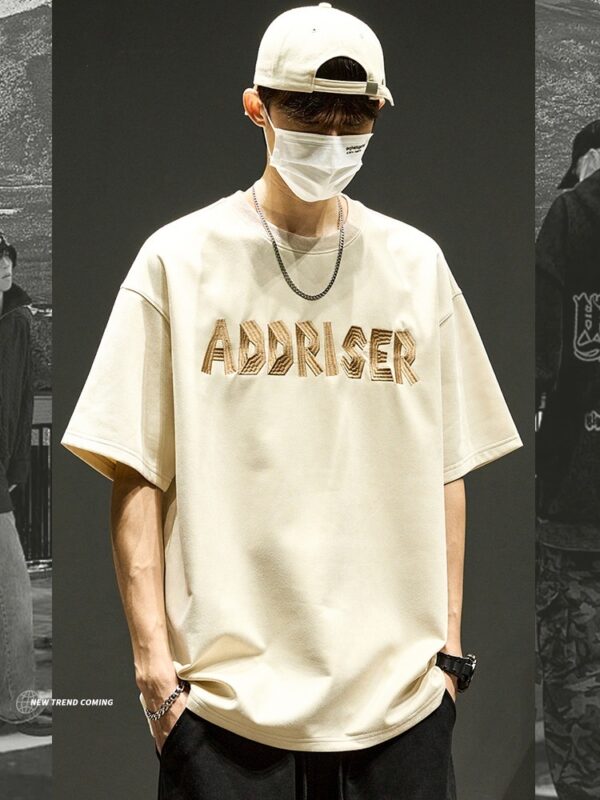 High-Street Embroidered Letter Crewneck Suede-Fleece Short Sleeve - Image 3