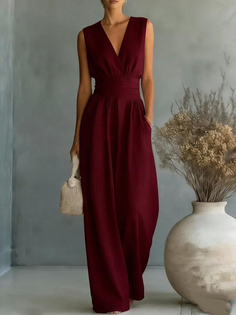 Womens Elegant Sleeveless Waist-Cinching V-Neck Sophisticated Jumpsuit