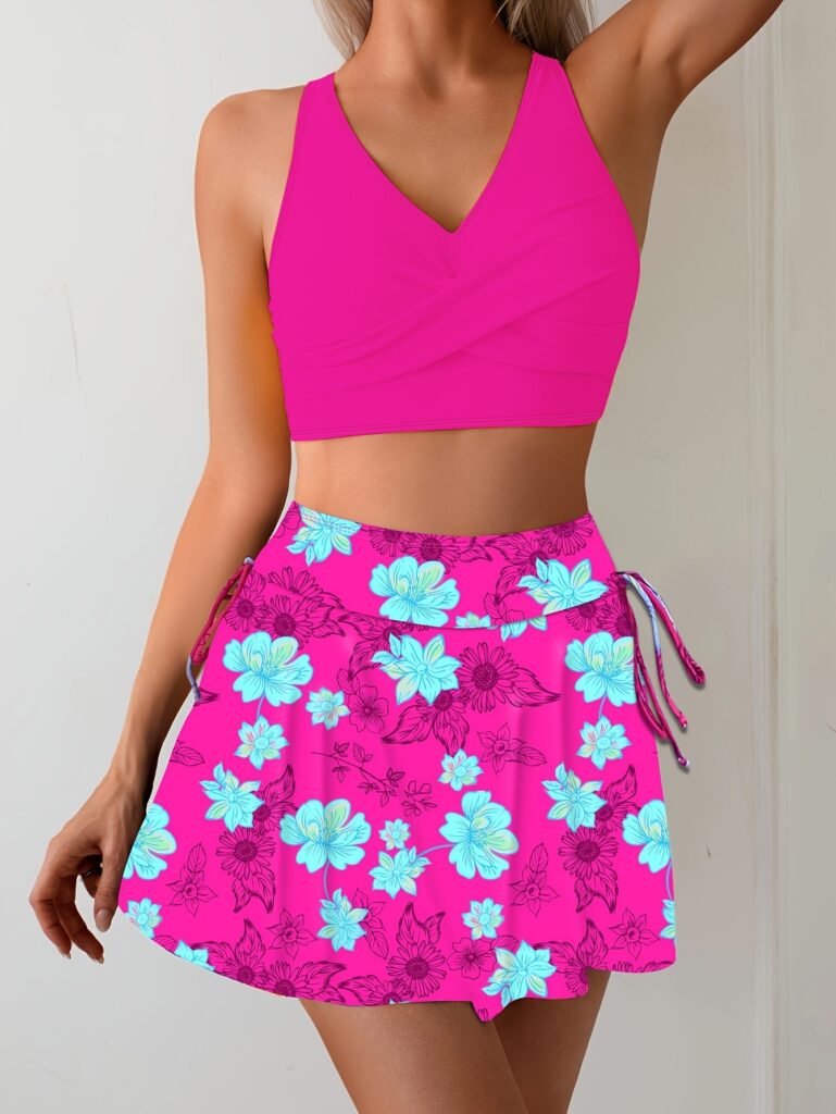 Womens Midriff-Covering Holiday Beach Printed Short-Skirt Swimsuit Set
