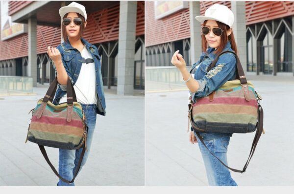 KVKY Brand Fashion Canvas Bag Brand Women Handbag Classic Patchwork Casual Female Shoulder Bags Striped Rainbow Purse Pouch - Image 19