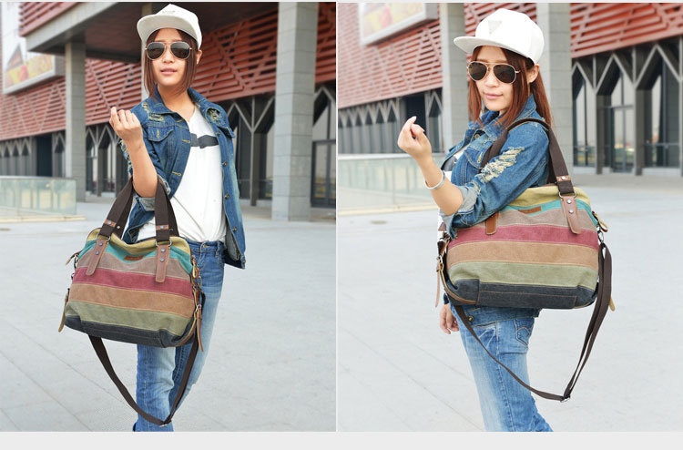 KVKY Brand Fashion Canvas Bag Brand Women Handbag Classic Patchwork Casual Female Shoulder Bags Striped Rainbow Purse Pouch