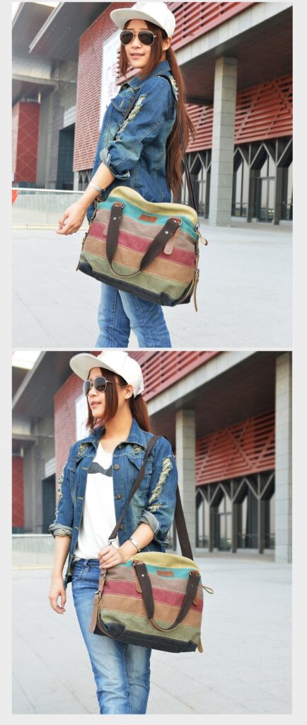 KVKY Brand Fashion Canvas Bag Brand Women Handbag Classic Patchwork Casual Female Shoulder Bags Striped Rainbow Purse Pouch