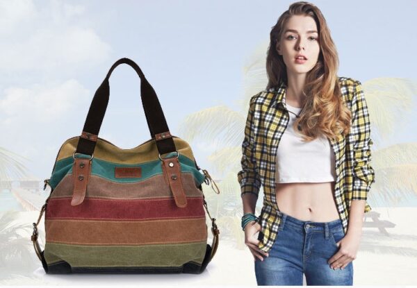 KVKY Brand Fashion Canvas Bag Brand Women Handbag Classic Patchwork Casual Female Shoulder Bags Striped Rainbow Purse Pouch - Image 11