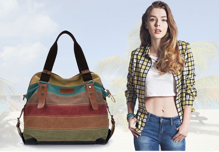KVKY Brand Fashion Canvas Bag Brand Women Handbag Classic Patchwork Casual Female Shoulder Bags Striped Rainbow Purse Pouch