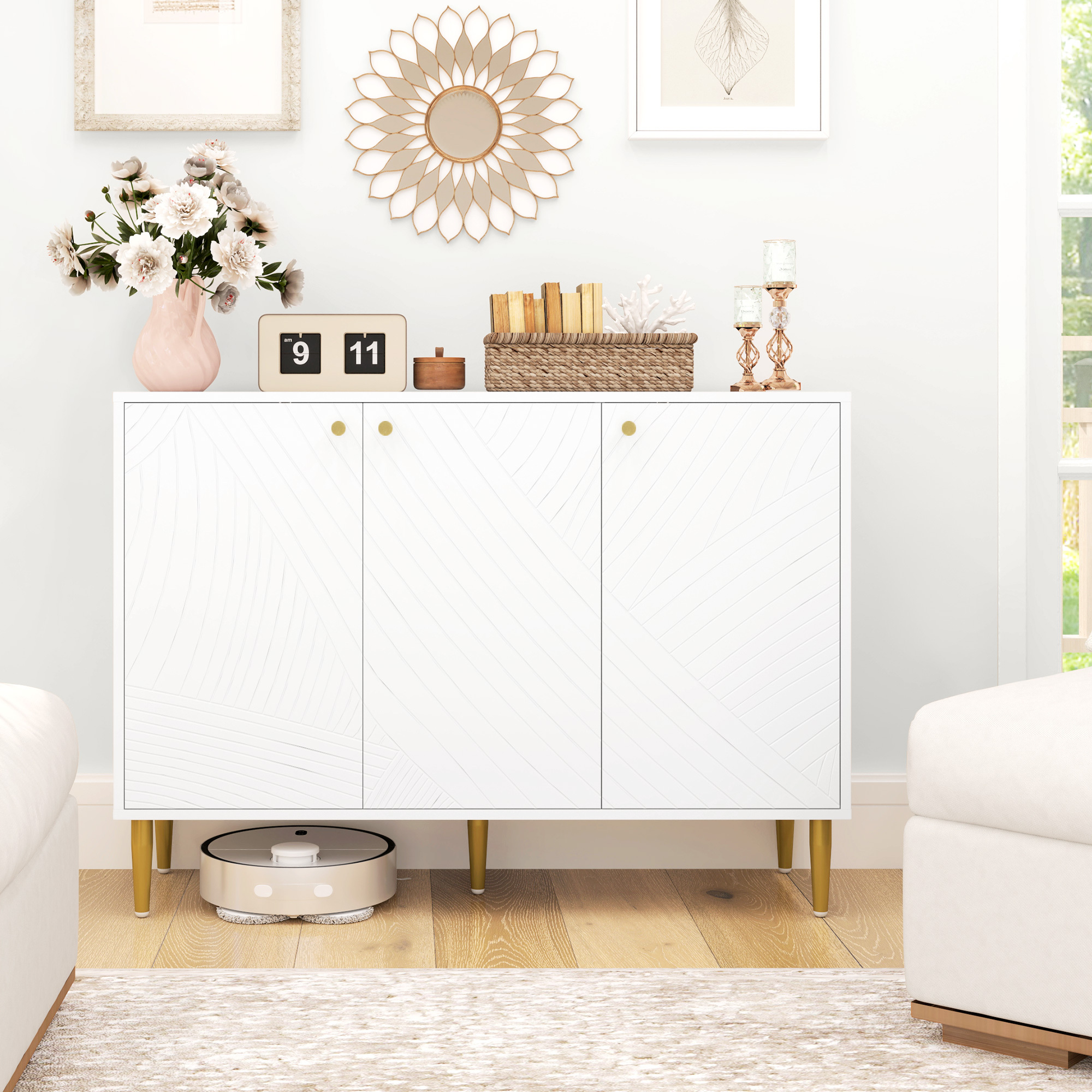 Elegant Two-Cupboard Sideboard - White/Gold-Tone - Image 5
