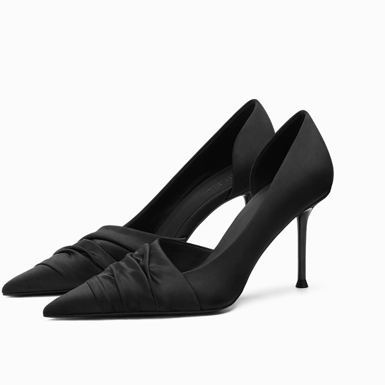 Black Cloth Satin Side Empty High Heels - Image 1