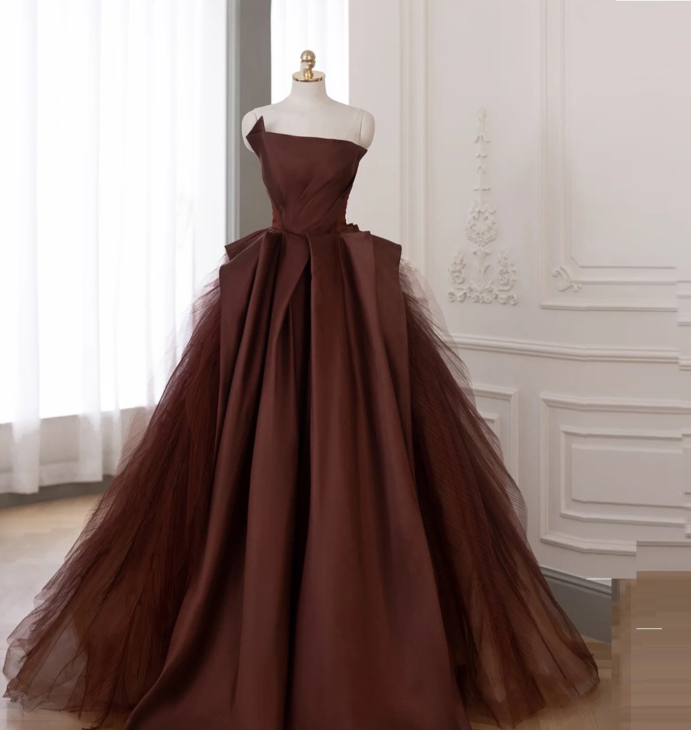 Skinny Banquet Evening With Bra Dresses Coffee Temperament Fluffy Skirt - Image 12