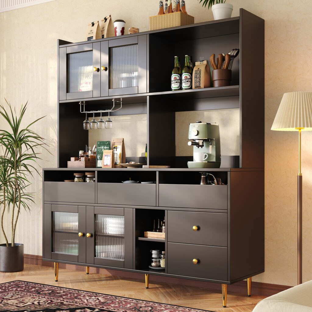 Multi-purpose Storage Cabinet145 X 39 X 171 Cm Modern Design, With Changhong Glass Door, Wine Glass Holder, Multi-layered Storage Space, Black With Gold Decoration, Suitable For Home And Restaurant