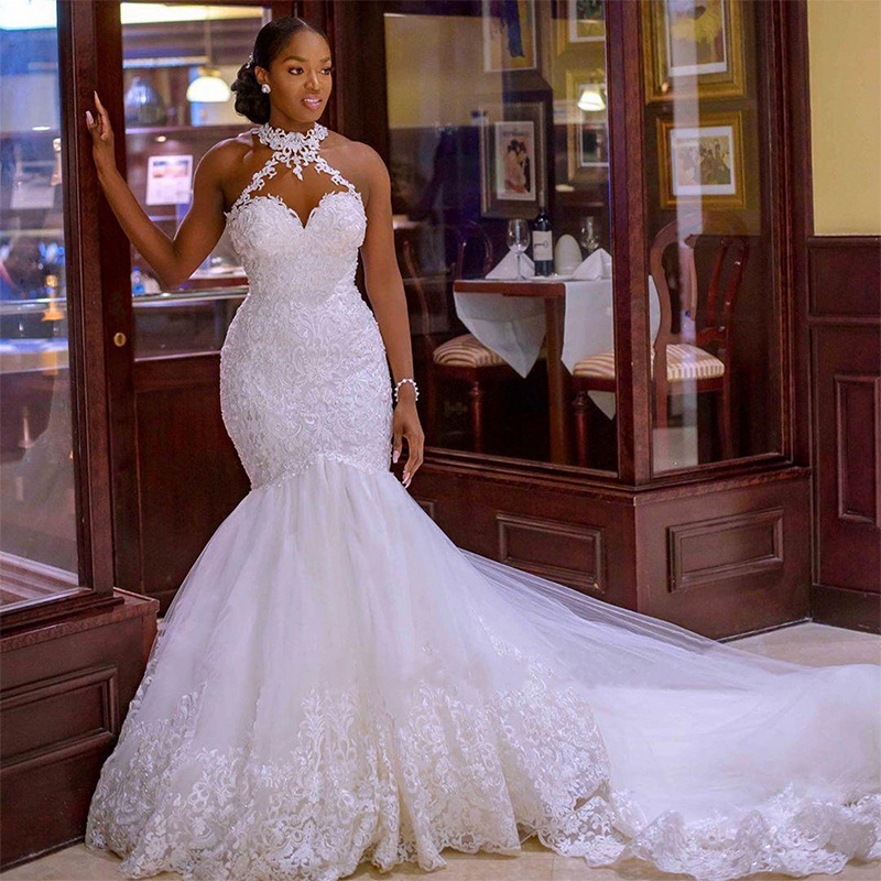 Vintage Lace Beaded Wedding Dresses Sheer Neck Mermaid Bridal Dresses Wedding Gowns - Image 1