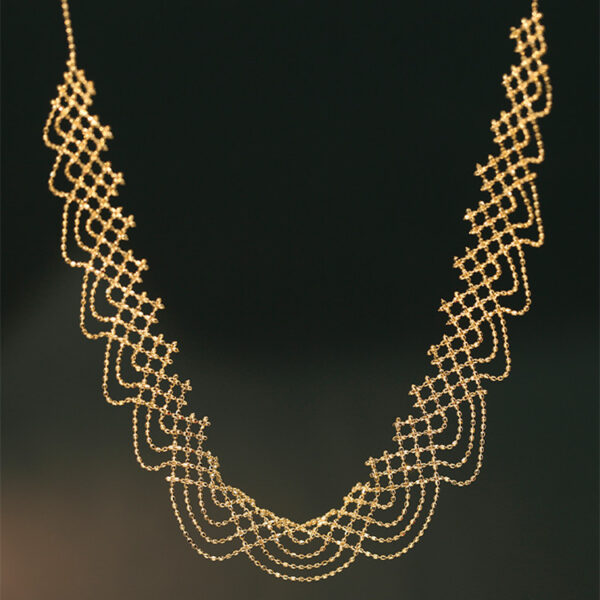 18K Gold Tassel Rainbow Lace Woven Style Wooden Ear Wide Necklace - Image 2